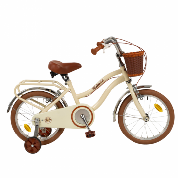 Bicicleta pentru copii Toimsa Vintage Beige 16 inch cu roti ajutatoare, cos si portbagaj, inaltime utilizator 100-120 cm