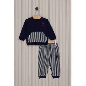 Set de bluza si pantaloni cu logo - 2 piese - Alb murdar/Bleumarin