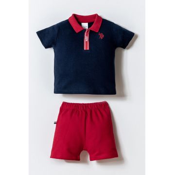 Set de tricou polo si pantaloni scurti - 2 piese - Rosu inchis/Bleumarin