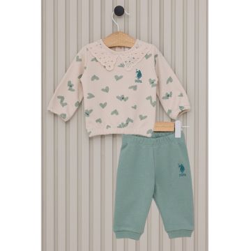 Trening cu guler brodat - Verde pal/Crem