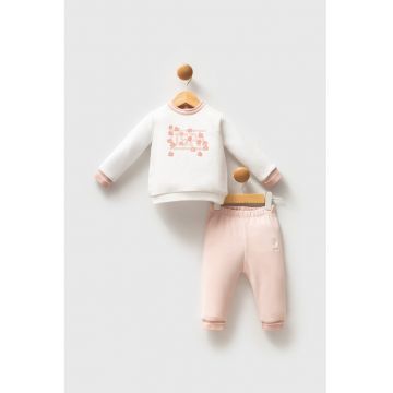 Trening din amestec de bumbac cu logo si imprimeu floral - Roz pastel/Alb murdar