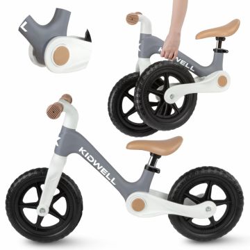 Bicicleta de echilibru fara pedale pentru copii, pliabila, Kidwell Flex Grey, ultra usoara 2.9 kg, roti EVA 29 cm, reglabila, 80-120 cm, maxim 30 kg
