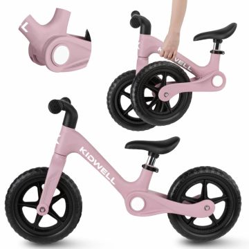 Bicicleta de echilibru fara pedale pentru copii, pliabila, Kidwell Flex Pink, ultra usoara 2.9 kg, roti EVA 29 cm, reglabila, 80-120 cm, maxim 30 kg
