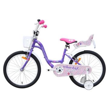 Bicicleta pentru copii Novokids SplendOr Boom Pro Edition Mov, cosulet pentru papusi, roti 20 inch, maxim 50 kg, cadru din otel, roti ajutatoare detasabile, ghidon reglabil pe inaltime