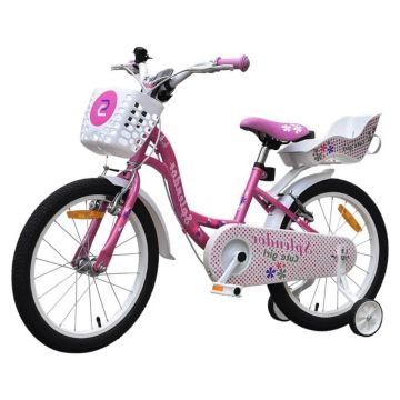 Bicicleta pentru copii Novokids SplendOr Boom Pro Edition Roz, cosulet pentru papusi, roti 18 inch, maxim 50 kg, cadru din otel, roti ajutatoare detasabile, ghidon reglabil pe inaltime