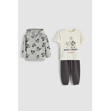 Set de trening din amestec de bumbac cu model Mickey Mouse - 3 piese - Gri/Crem