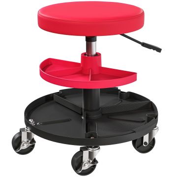 HOMCOM Scaun de atelier cu roți de 6 cm, Capacitate până la 135 kg, Înălțime reglabilă 40-51 cm, cu tăvi pentru scule, Roșu | Aosom Romania