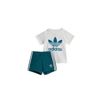 Set Tricou si Pantaloni Scurti Unisex Copii -  Alb/Turcoaz -