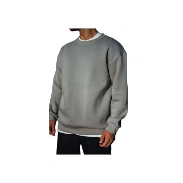 Bluza sport  guler rotund - cu nervuri - gri - bumbac/poliester/elastan