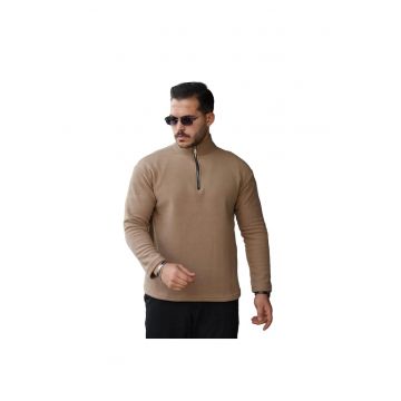 Bluza sport pentru barbati  Regular Fit - guler cu fermoar - maro - bumbac/poliester/elastan -