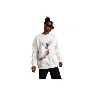 Bluza sport supradimensionata din fleece  guler rotund - imprimeu - alb - bumbac/poliester