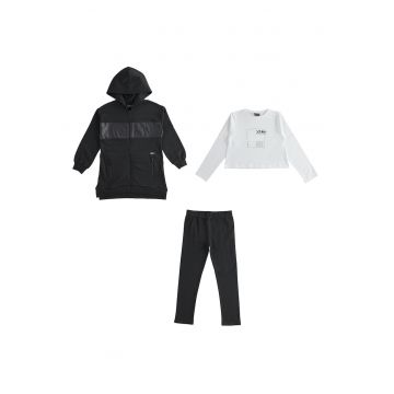 Trening 3 Piese  cu Hanorac Lung - Bluza maneca lunga - Pantaloni - Alb
