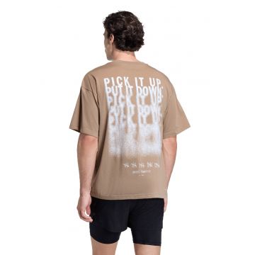 Tricou din amestec de bumbac cu imprimeu logo pentru antrenament - Alb/Maro deschis