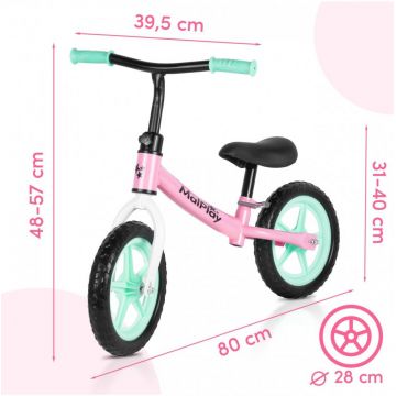 Bicicleta de echilibru fara pedale pentru copii, Malplay Fliki TurquoisePink 12 inch, roti spuma EVA, cu saua si ghidonul reglabile