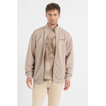 Bluza cu fermoar si maneci cazute pentru antrenament - Bej inchis