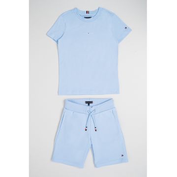 Trening din amestec de bumbac cu pantaloni scurti si logo discret - Albastru pastel