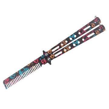 Briceag fluture de antrenament DEPOX, tip pieptan, Happy Skulls, 22 cm, negru