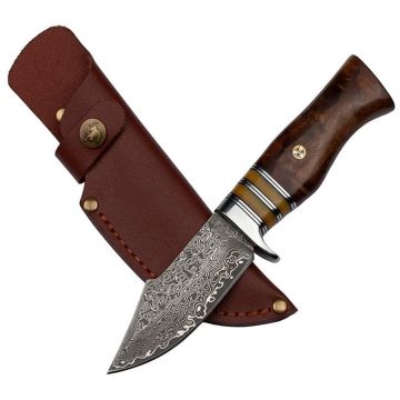 Cutit de vanatoare DEPOX , Oriental Cutting, otel damasc, 20.5 cm, maro, teaca piele