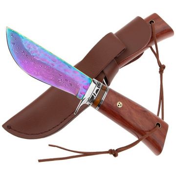 Cutit de vanatoare DEPOX , Rose Accuracy, damasc, 22 cm, lemn trandafir, multicolor, husa piele