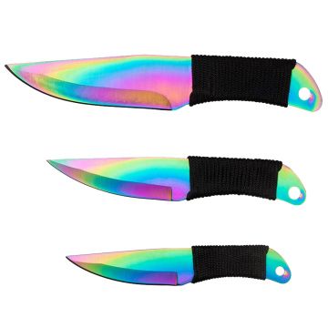 Set trei cutite de aruncat DEPOX , Rainbow Siege, otel inoxidabil, 22 cm, teaca inclusa