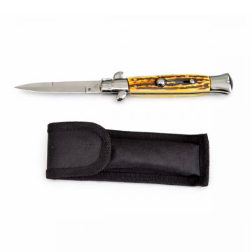 Briceag de vanatoare DEPOX , otel inoxidabil, 22.5 cm, galben maro, husa inclusa