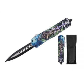 Cutit automat cu arc, DEPOX , lama dubla tip pumnal, husa cordura, 23 cm