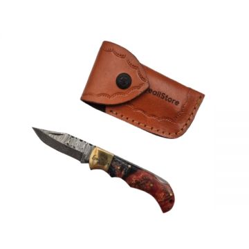 Cutit de buzunar otel damasc, pliere cu blocare, maner din lemn, teaca piele inclusa , multicolor, 17 cm