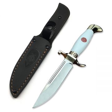 Cutit tactic de vanatoare, teaca din piele naturala, lama 440C, maner acrilic full tang, 26 cm, alb