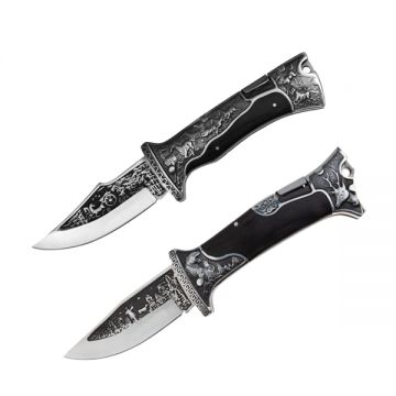 Set 2 cutite pliabile de vanatoare DEPOX , lama inox clip point, maner metal si lemn, sistem back lock, negru, 23 cm