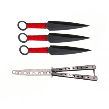 Set Briceag fluture de antrenament si trei cutite de aruncat, Ninja Way, DEPOX , otel inoxidabil