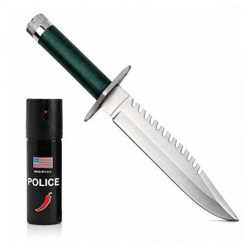 Set cutit de vanatoare si spray paralizant chili, DEPOX , 35 cm 60 ml, teaca inclusa, verde negru