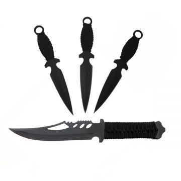 Set Cutit de vanatoare si trei cutite de aruncat, Black Fury, DEPOX , otel inoxidabil,teaca inclusa