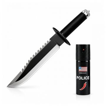 Set cutit tactic de vanatoare si spray paralizant chili, DEPOX , 39.5 cm, negru