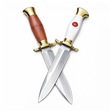 Set de doua cutite de vanatoare, teaca din piele naturala, lama 440C, maner acrilic full tang, 26 cm, alb maro