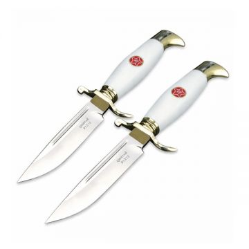 Set de doua cutite de vanatoare, teaca din piele naturala, lama 440C, maner acrilic full tang, 26 cm, alb