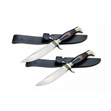Set de doua cutite de vanatoare, teaca din piele naturala, lama 440C, maner acrilic full tang, 26 cm, negru
