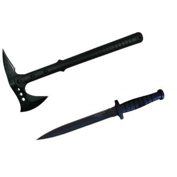 Set de supravietuire DEPOX , Double Trouble, topor si cutit cu tais dublu, otel inoxidabil, negru