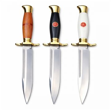 Set de trei cutite de vanatoare, teaca din piele naturala, lama 440C, 26 cm, alb maro negru