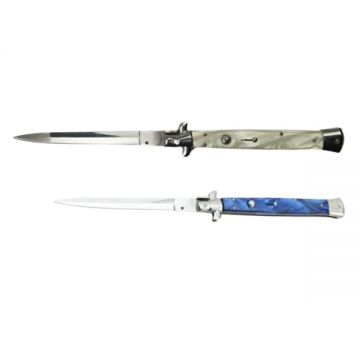 Set doua bricege automat stiletto, Italian Blade, otel inoxidabil, husa inclusa, argintiu 33 cm, albastru 23 cm