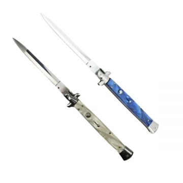 Set doua bricege automat stiletto, Italian Blade, otel inoxidabil, husa inclusa, argintiu si albastru, 33 cm