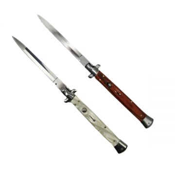 Set doua bricege automat stiletto, Italian Blade, otel inoxidabil, husa inclusa, argintiu si maro, 33 cm