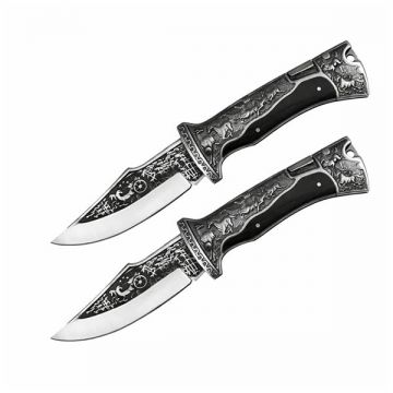 Set doua cutite pliabile de vanatoare, DEPOX , lama inox clip point, maner metal si lemn, negru, 23 cm