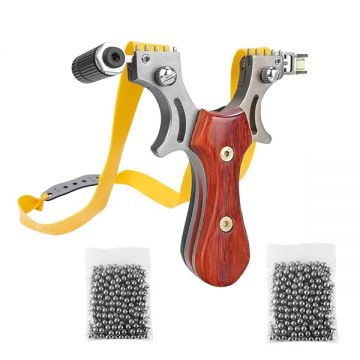 Set prastie cu lase, Sling Queen, metalic, 11.5 cm, cu boloboc, maner lemn, maro si 200 bile de 10 mm