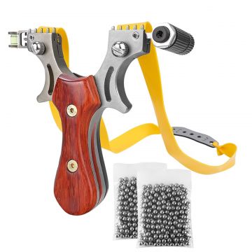Set prastie cu laser DEPOX , Sling Queen, metalic, 11.5 cm, cu boloboc, maner lemn, maro si 220 bile