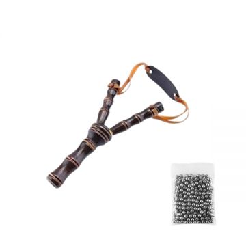 Set prastie din lemn si 100 bile metalice 7 mm pentru airsoft si prastie, 19 cm, Maro
