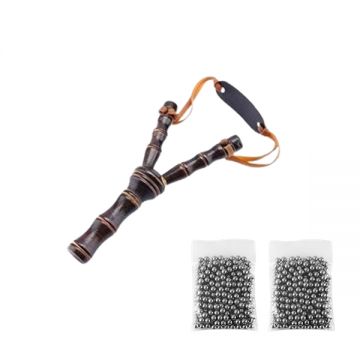 Set prastie din lemn si 200 bile metalice 10 mm pentru airsoft si prastie, 19 cm, Maro