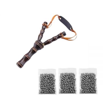 Set prastie din lemn si 300 bile metalice 8 mm pentru airsoft si prastie, 19 cm, Maro