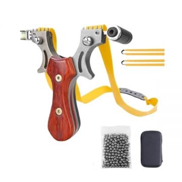 Set prastie metalica cu laser si 100 bile metalice 9 mm, 12 cm, boloboc, maner lemn, maro, husa inclusa