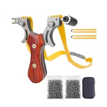 Set prastie metalica cu laser si 200 bile metalice 6 mm, 12 cm, boloboc, maner lemn, maro, husa inclusa