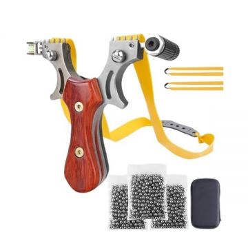 Set prastie metalica cu laser si 300 bile metalice 8 mm, 12 cm, boloboc, maner lemn, maro, husa inclusa